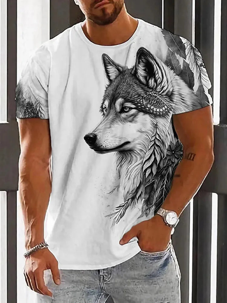 3D Printed Wolf Pattern Summer Outdoor Casual Men's T-Shirt Loose Comfortable Sports Short Sleeves Street Fashion Crewneck Tops