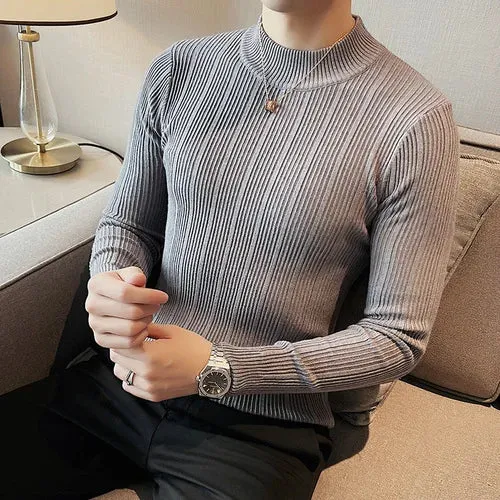 Aidase Fashion Slim Fit Turtleneck Knitted Sweater Men Slim Fit Clothing Autumn New Casual Stripe Pullovers All-match Warm Tops