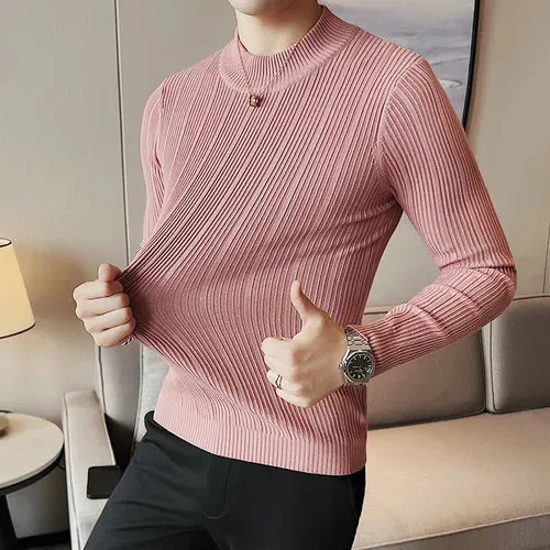 Aidase Fashion Slim Fit Turtleneck Knitted Sweater Men Slim Fit Clothing Autumn New Casual Stripe Pullovers All-match Warm Tops