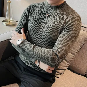 Aidase Fashion Slim Fit Turtleneck Knitted Sweater Men Slim Fit Clothing Autumn New Casual Stripe Pullovers All-match Warm Tops