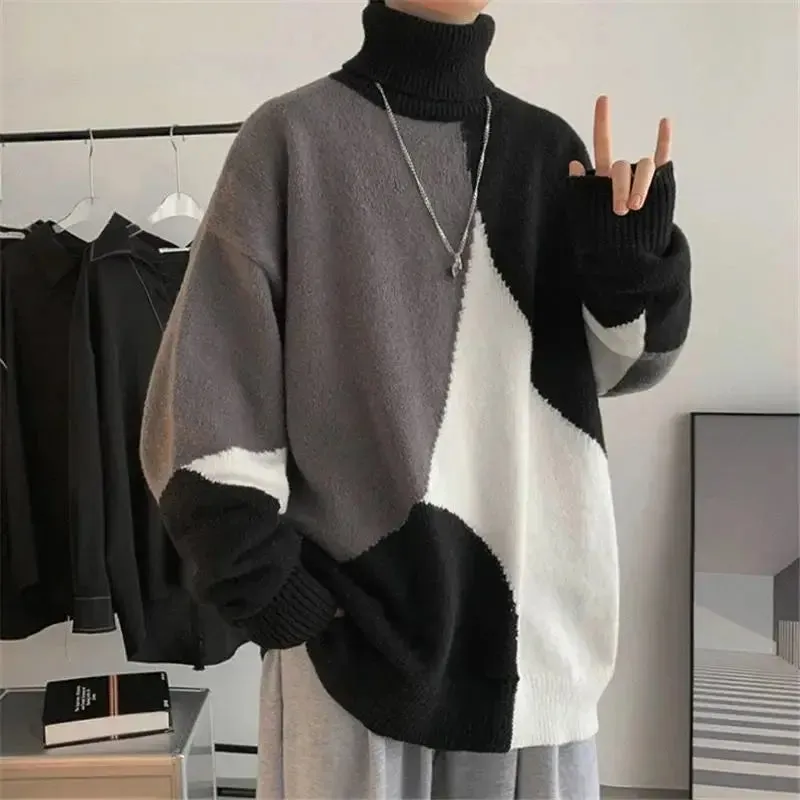 Aidase Fashion Turtleneck Knitted Spliced All-match Asymmetrical Sweater Men Clothing Autumn New Casual Pullovers Loose Warm Tops