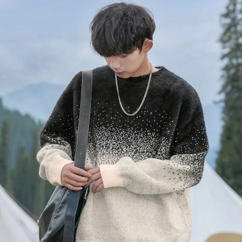 Aidase Faux Mink Plush Gradient Splicing Design Sweater Men's Autumn Winter Loose Lazy Wind Warm Couple Knit Sweater Keep Warm Velvet