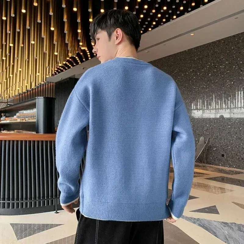 Aidase Knit Sweater Male Pullovers Round Collar Men's Clothing Crewneck Pink No Hoodie Spliced Warm Classic Knitwears Maletry Cotton X