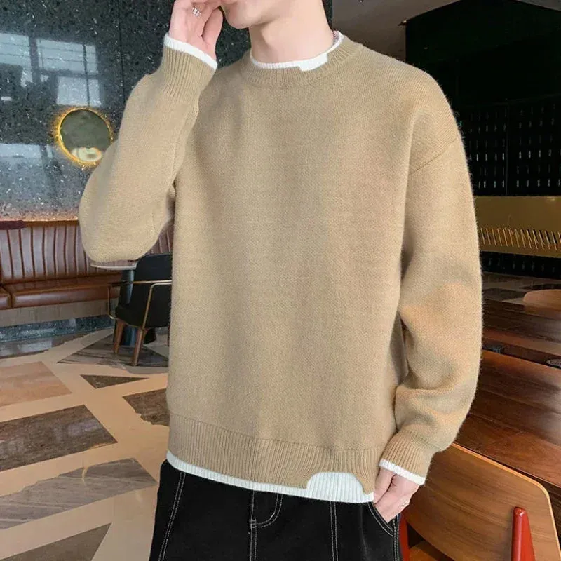 Aidase Knit Sweater Male Pullovers Round Collar Men's Clothing Crewneck Pink No Hoodie Spliced Warm Classic Knitwears Maletry Cotton X