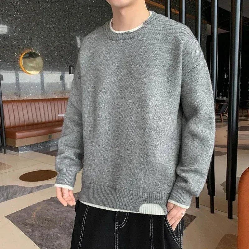 Aidase Knit Sweater Male Pullovers Round Collar Men's Clothing Crewneck Pink No Hoodie Spliced Warm Classic Knitwears Maletry Cotton X