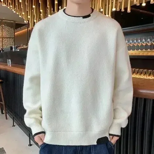 Aidase Knit Sweater Male Pullovers Round Collar Men's Clothing Crewneck Pink No Hoodie Spliced Warm Classic Knitwears Maletry Cotton X