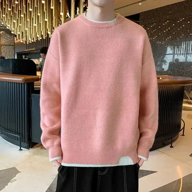 Aidase Knit Sweater Male Pullovers Round Collar Men's Clothing Crewneck Pink No Hoodie Spliced Warm Classic Knitwears Maletry Cotton X