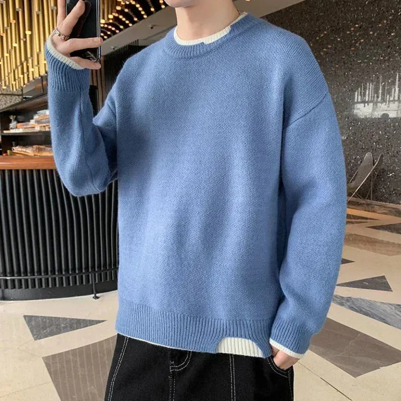 Aidase Knit Sweater Male Pullovers Round Collar Men's Clothing Crewneck Pink No Hoodie Spliced Warm Classic Knitwears Maletry Cotton X