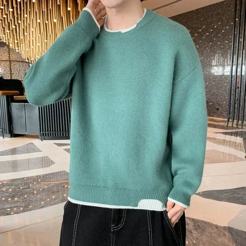 Aidase Knit Sweater Male Pullovers Round Collar Men's Clothing Crewneck Pink No Hoodie Spliced Warm Classic Knitwears Maletry Cotton X