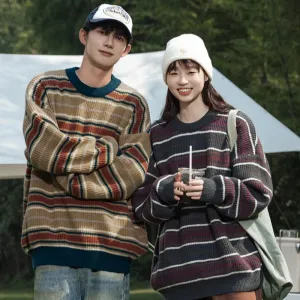 Aidase Retro Striped Soft Pullover Sweater Men Women Couple Model Autumn Winter Japanese Loose Lazy Wind Knit Sweater Warm