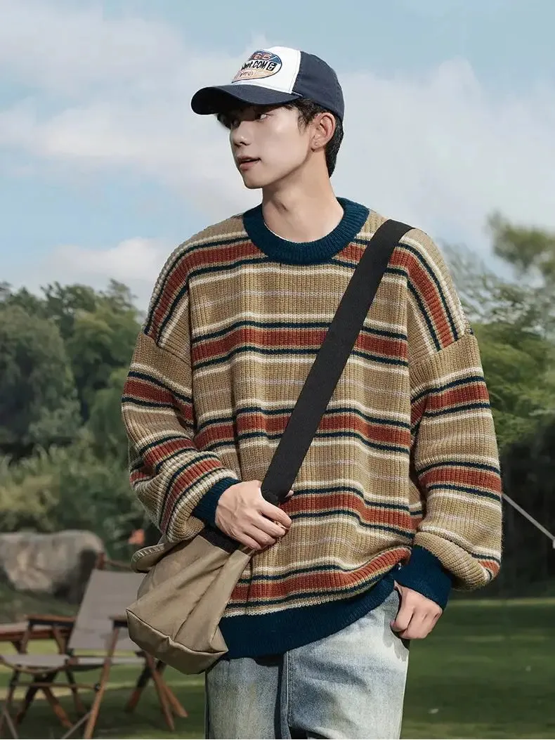 Aidase Retro Striped Soft Pullover Sweater Men Women Couple Model Autumn Winter Japanese Loose Lazy Wind Knit Sweater Warm