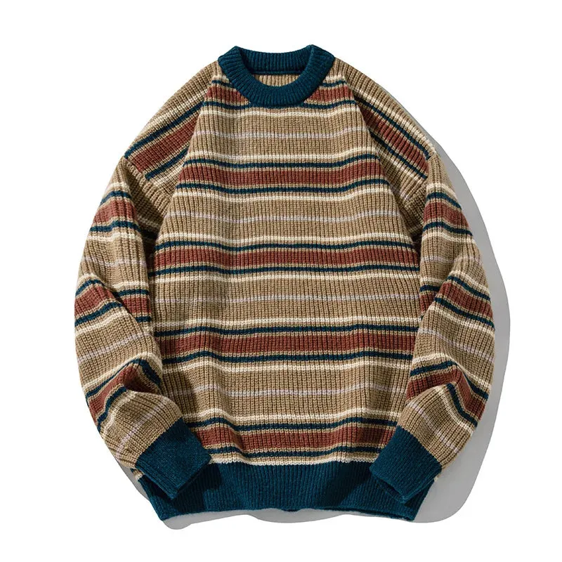 Aidase Retro Striped Soft Pullover Sweater Men Women Couple Model Autumn Winter Japanese Loose Lazy Wind Knit Sweater Warm