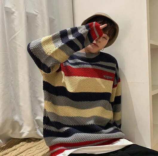 Aidase Winter Men Pullover Striped Patchwork Panelled Warm Sweaters Soft All-match Retro Harajuku Trendy Male Chic Streetwear Fall Tops