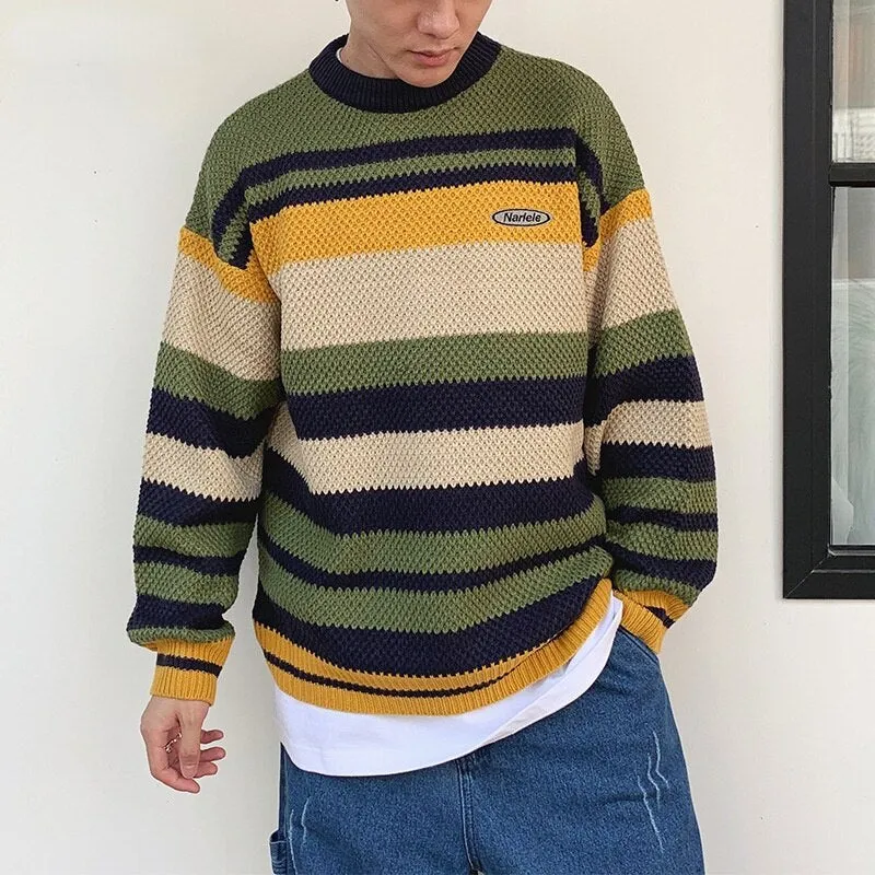 Aidase Winter Men Pullover Striped Patchwork Panelled Warm Sweaters Soft All-match Retro Harajuku Trendy Male Chic Streetwear Fall Tops