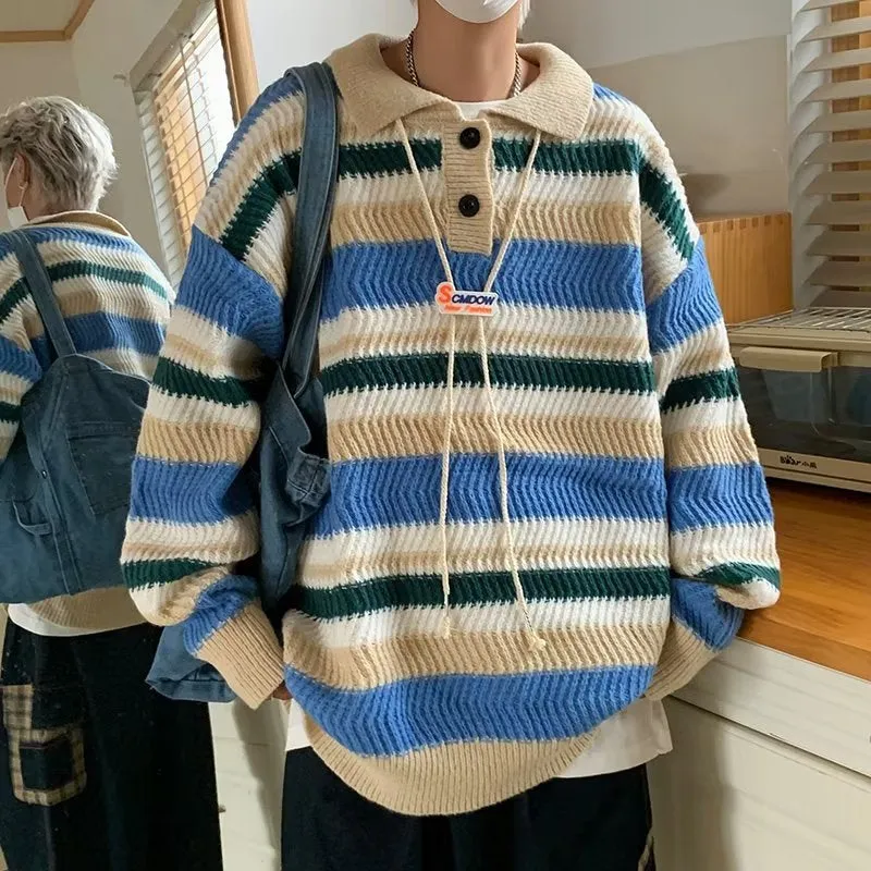 Aidase Winter Men Pullover Striped Patchwork Panelled Warm Sweaters Soft All-match Retro Harajuku Trendy Male Chic Streetwear Fall Tops