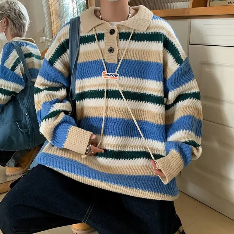 Aidase Winter Men Pullover Striped Patchwork Panelled Warm Sweaters Soft All-match Retro Harajuku Trendy Male Chic Streetwear Fall Tops