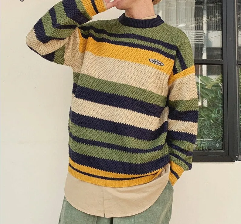 Aidase Winter Men Pullover Striped Patchwork Panelled Warm Sweaters Soft All-match Retro Harajuku Trendy Male Chic Streetwear Fall Tops