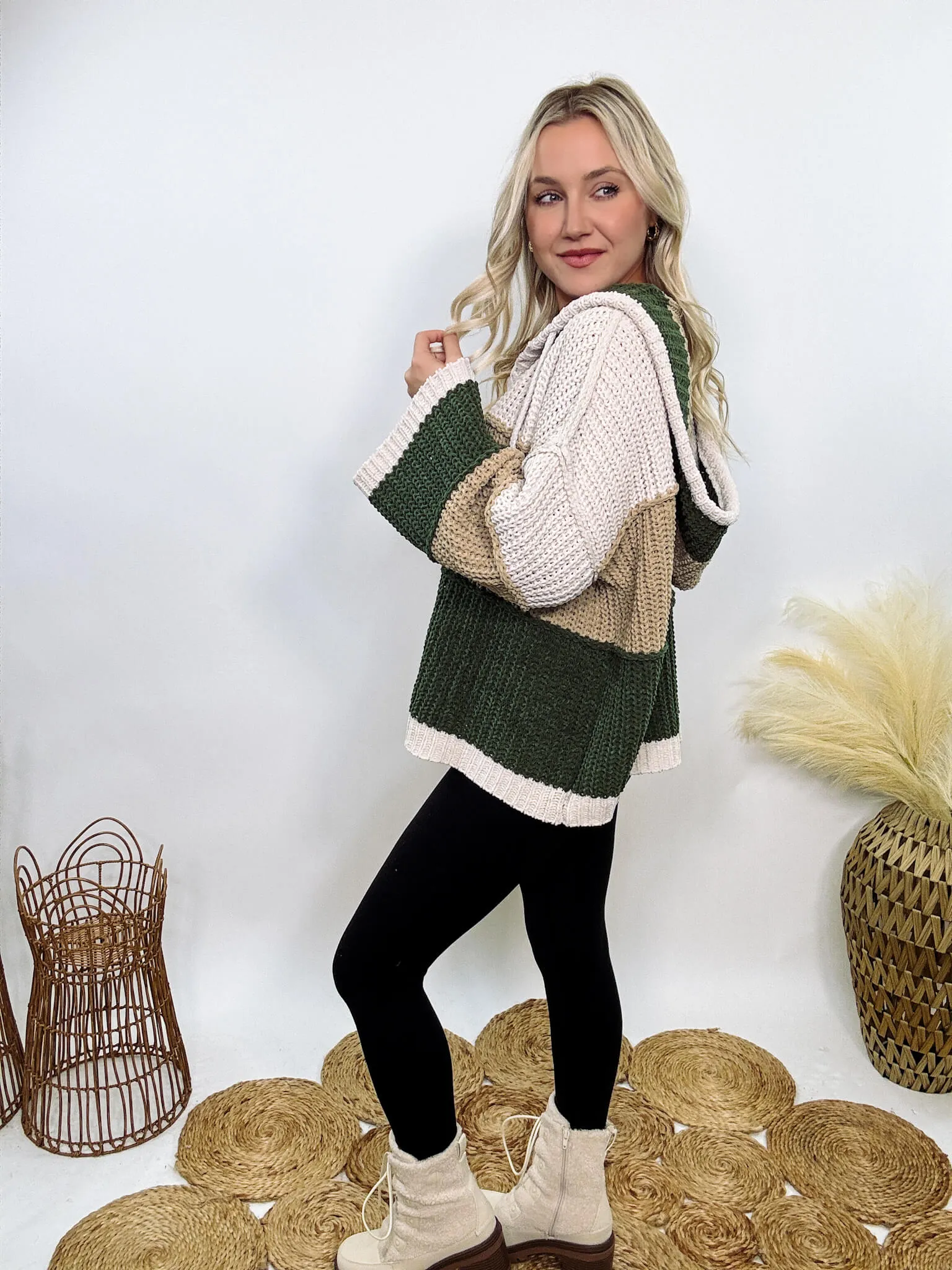 Almond Green Colorblock Chenille Sweater Hoodie by POL