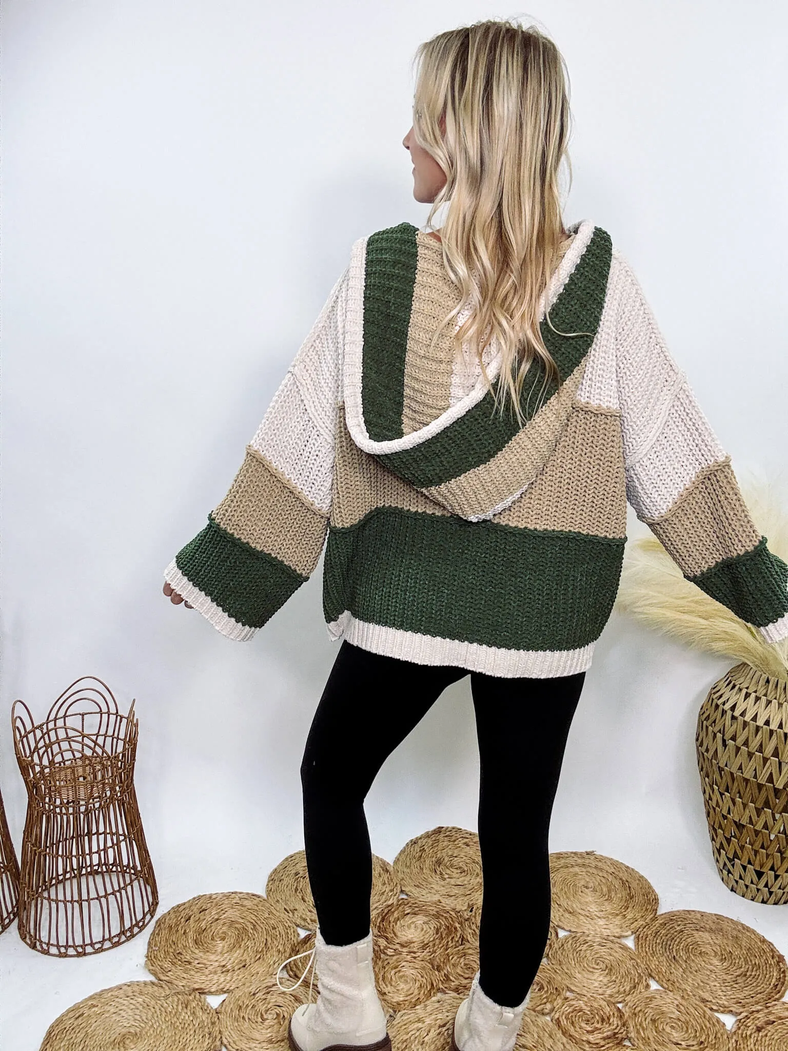 Almond Green Colorblock Chenille Sweater Hoodie by POL