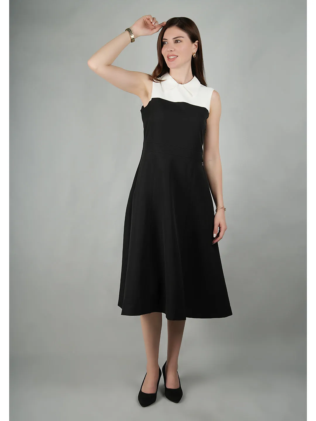 Black Blended Fabric Bronzed Color Block Dress With Collar