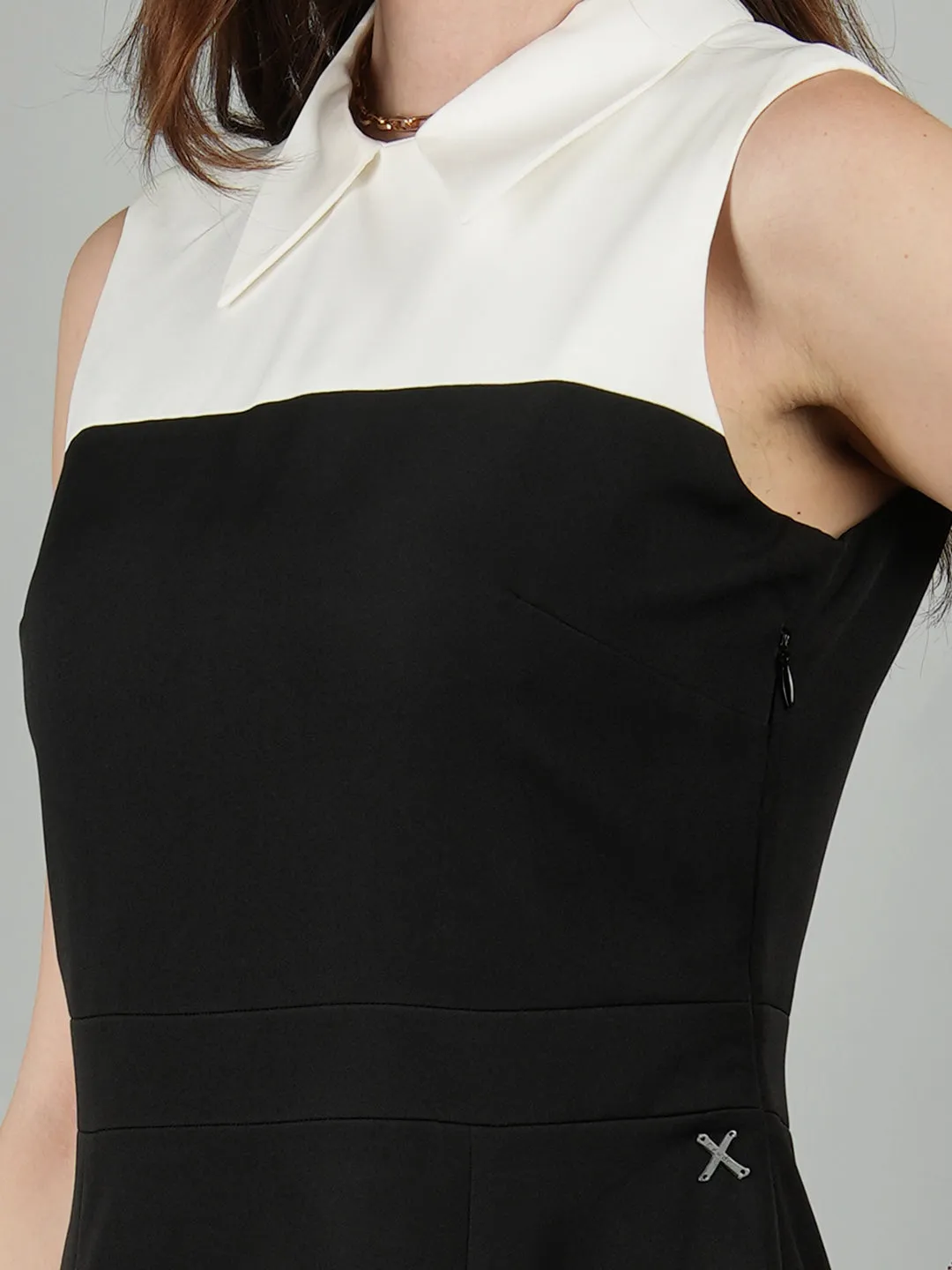 Black Blended Fabric Bronzed Color Block Dress With Collar