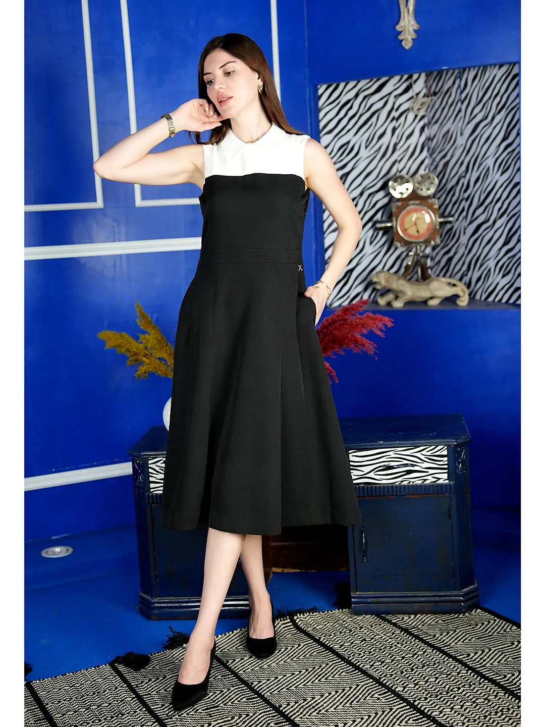 Black Blended Fabric Bronzed Color Block Dress With Collar