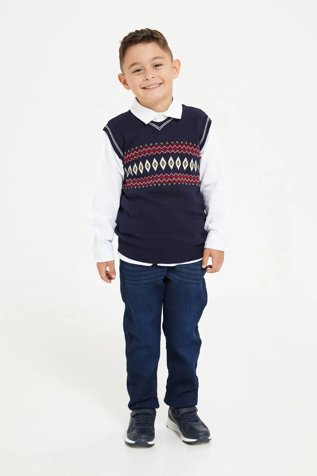 Boys Navy And White Shirt With Jumper Set (2 Piece)