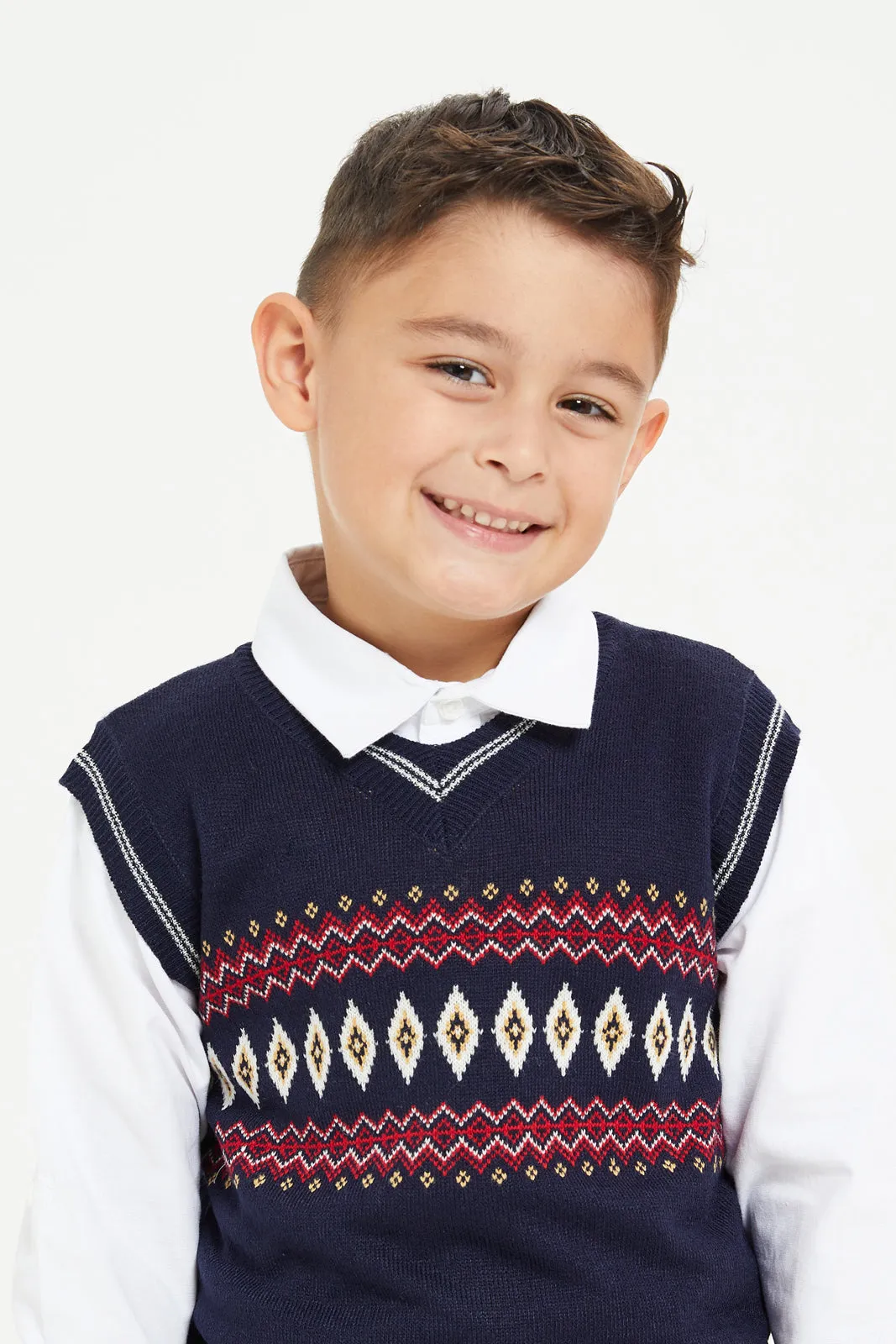 Boys Navy And White Shirt With Jumper Set (2 Piece)