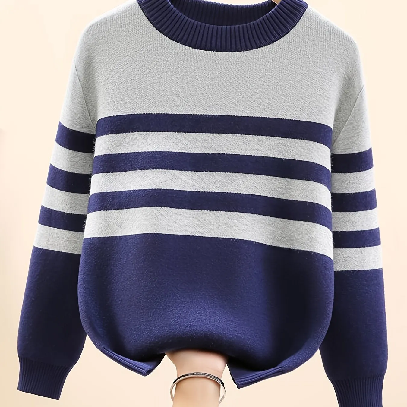 Boys Striped Thick Sweater Round Neck Long Sleeve Stretch Warm Knit Pullover Top Kids Clothes Outdoor