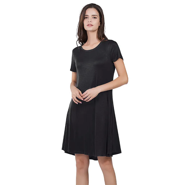 Casual Loose Short-Sleeve Round Neck Solid Color Dress