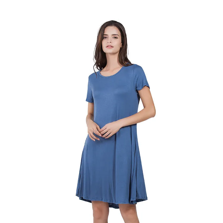 Casual Loose Short-Sleeve Round Neck Solid Color Dress