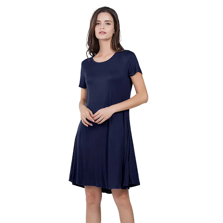 Casual Loose Short-Sleeve Round Neck Solid Color Dress