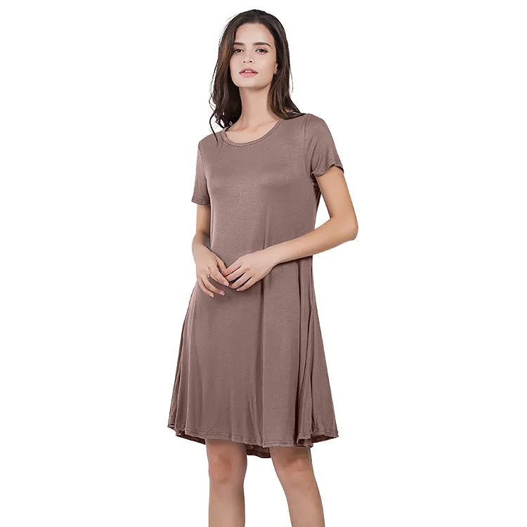 Casual Loose Short-Sleeve Round Neck Solid Color Dress