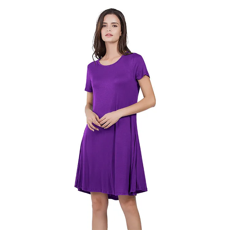 Casual Loose Short-Sleeve Round Neck Solid Color Dress