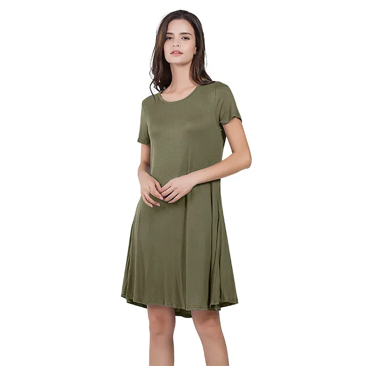 Casual Loose Short-Sleeve Round Neck Solid Color Dress