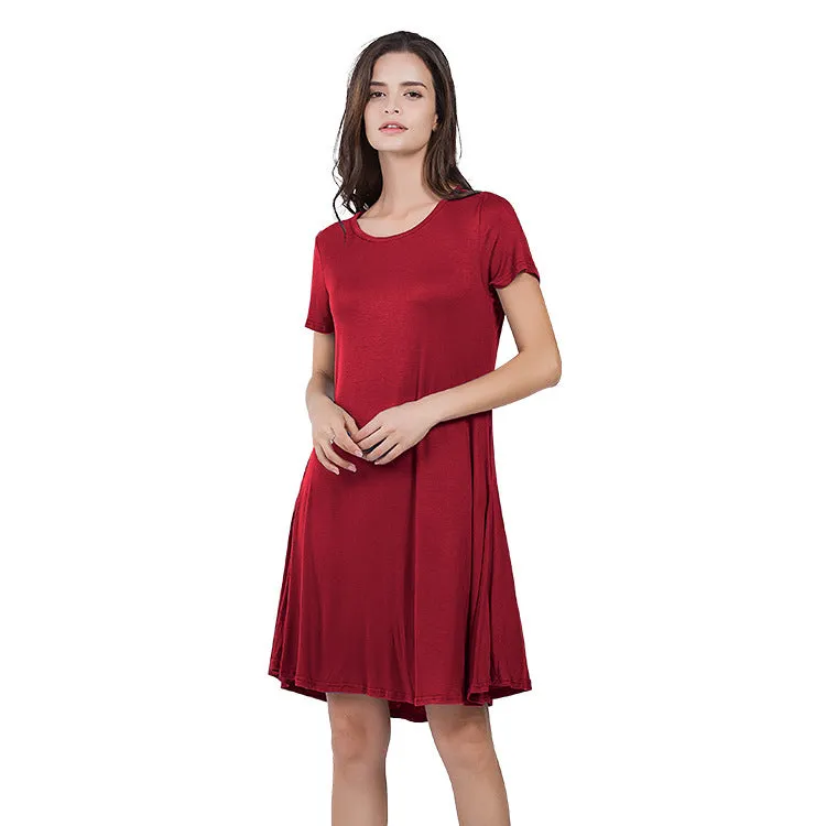 Casual Loose Short-Sleeve Round Neck Solid Color Dress