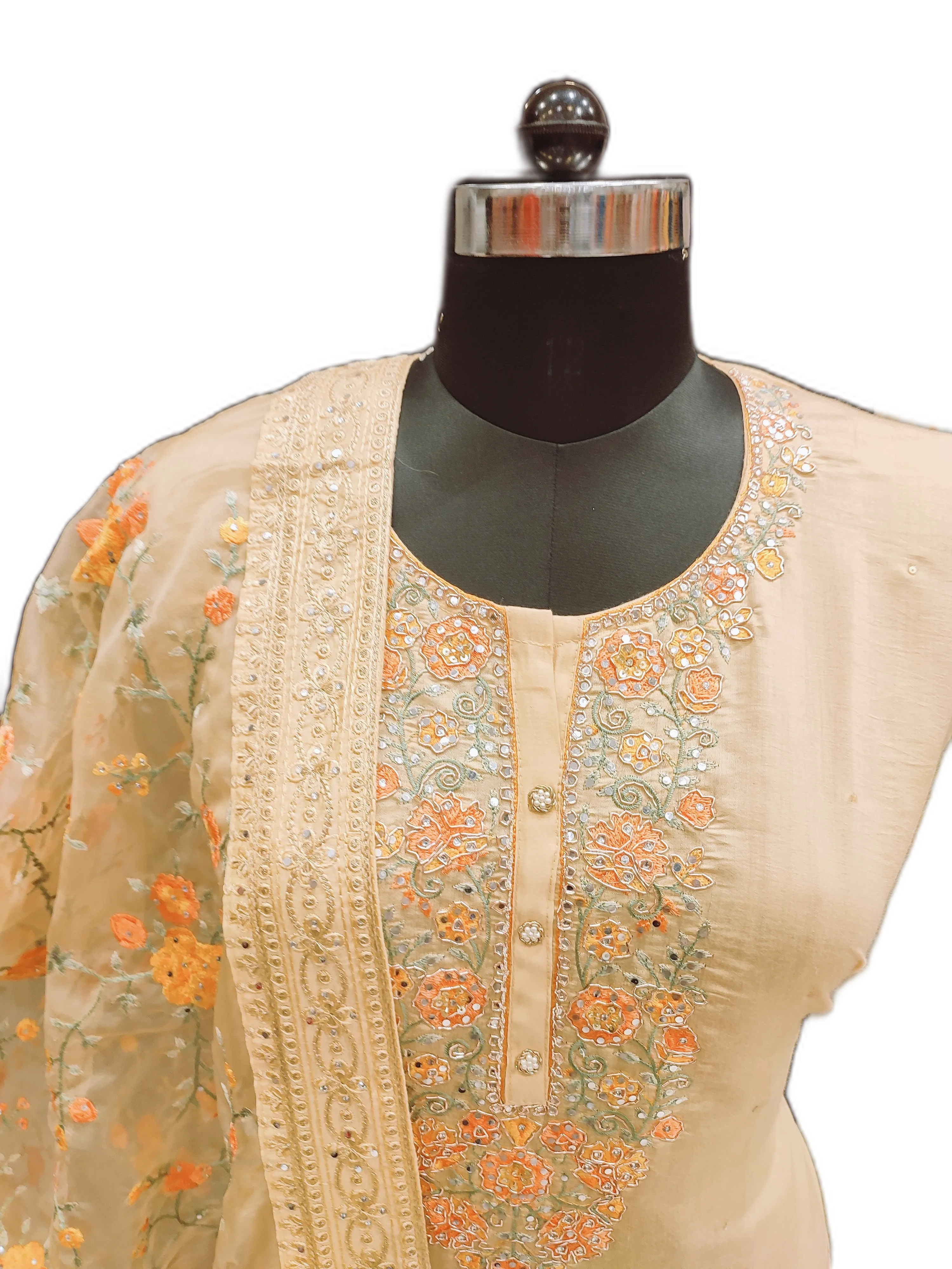 Chanderi Silk Unstitched Suit with Oraganza Dupatta