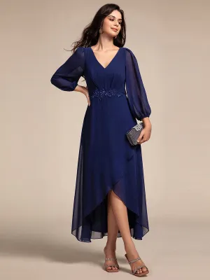 Chiffon Long Sleeve High-Low Evening Dress with Waist Applique