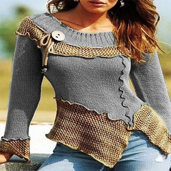 Colorblock Patchwork Long Sleeved Knit Sweater