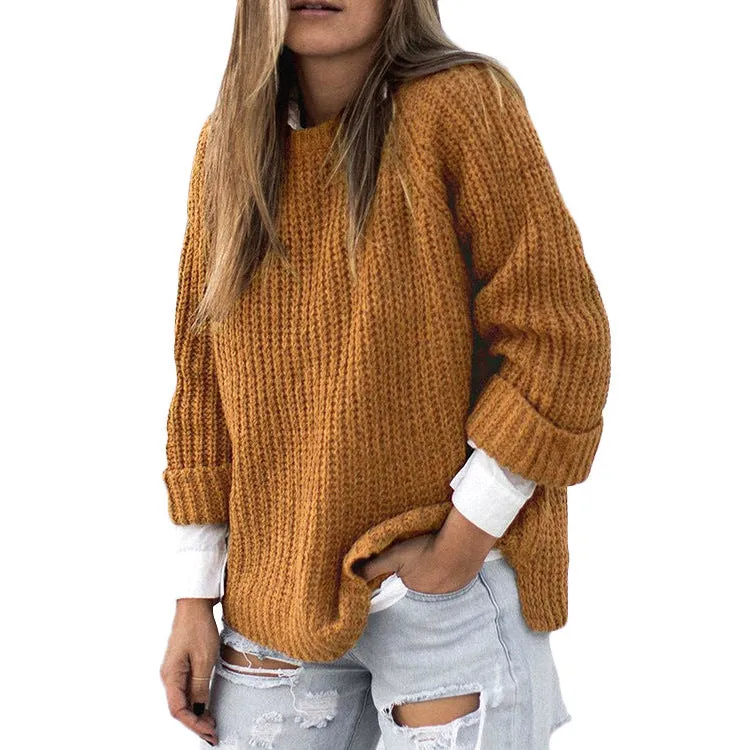 Crew Neck Solid Color Loose Irregular Women Pullover Sweater