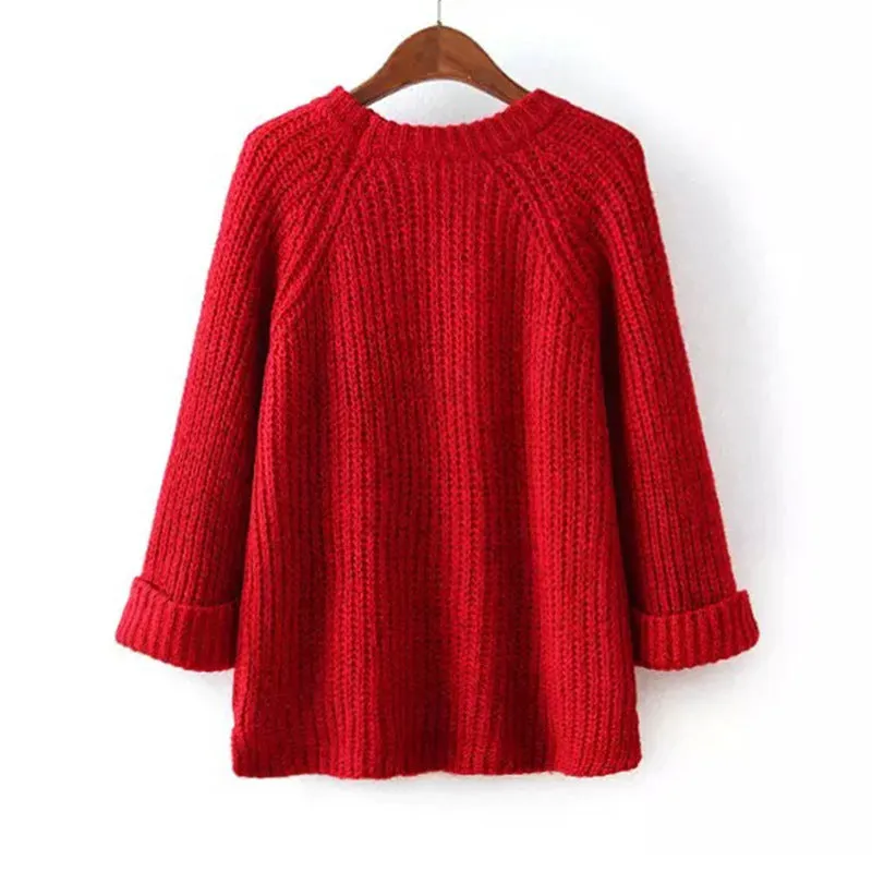 Crew Neck Solid Color Loose Irregular Women Pullover Sweater