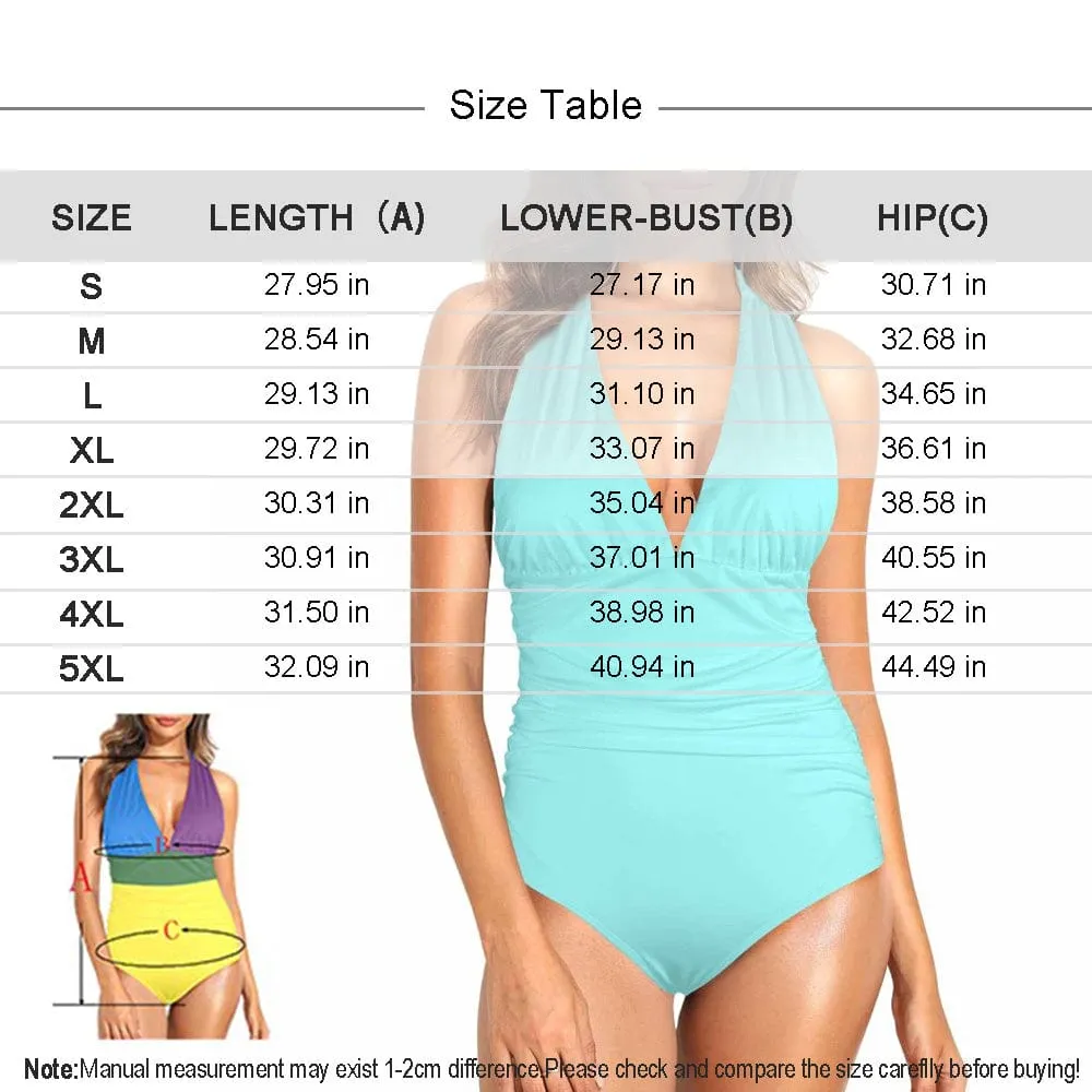 Custom Face Multicolor Flowers Women's Halter Neck Tie One Piece Swimsuit Sexy Backless Wide Straps V Neck