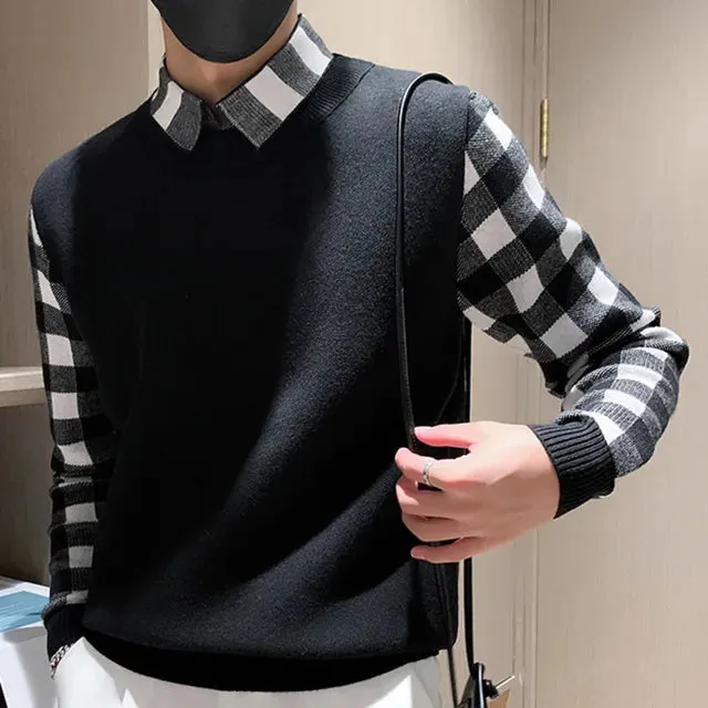 Fake Shirt Plaid Pattern Sweater