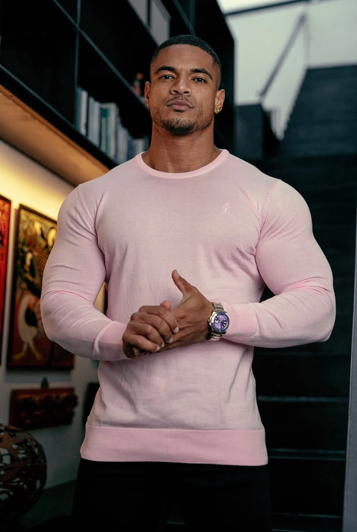 Father Sons Classic Pink Crew Neck Knitted Jumper with Tonal Emblem - FSH673