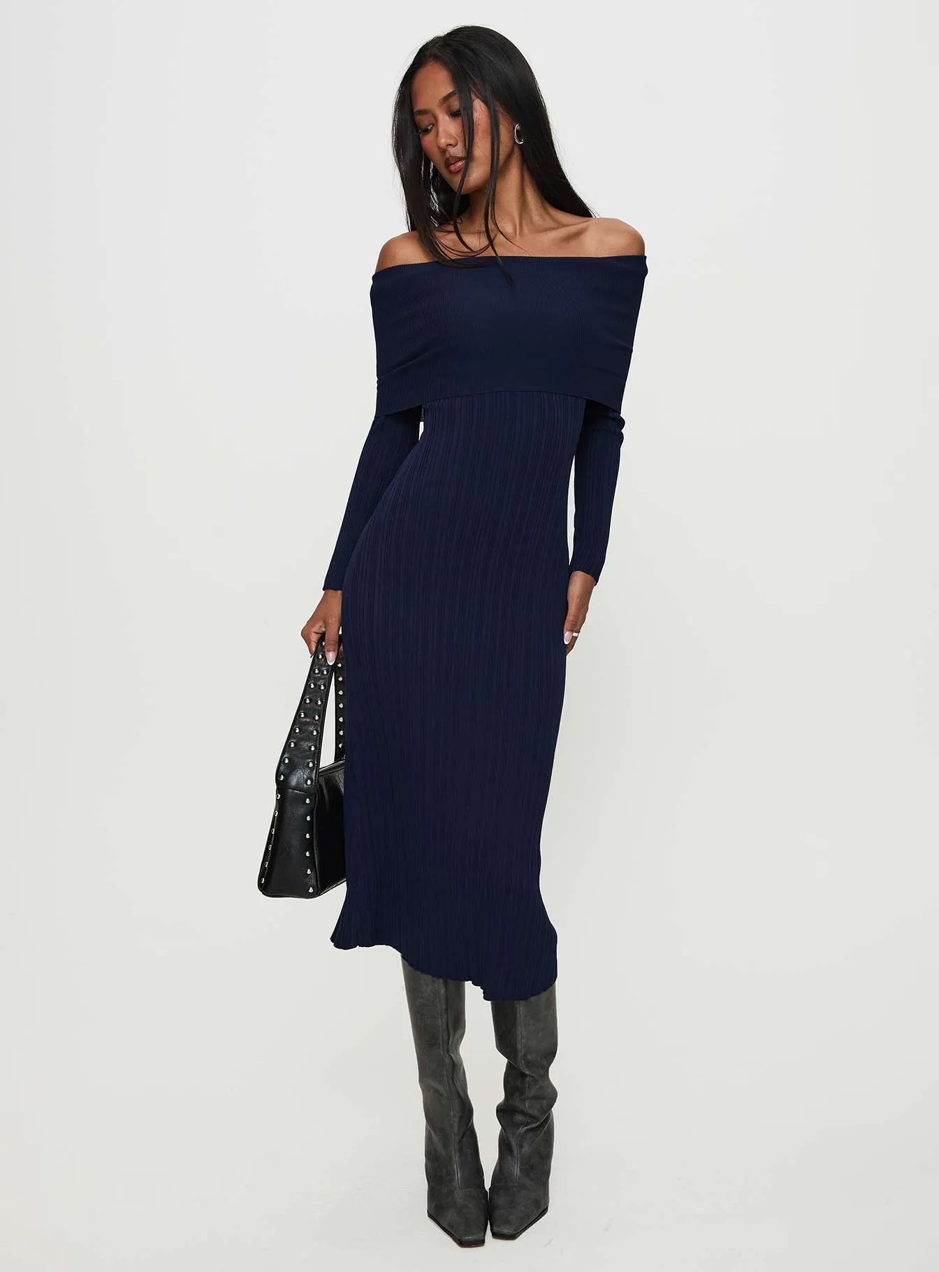 Flisse Long Sleeve Rib Maxi Dress Navy