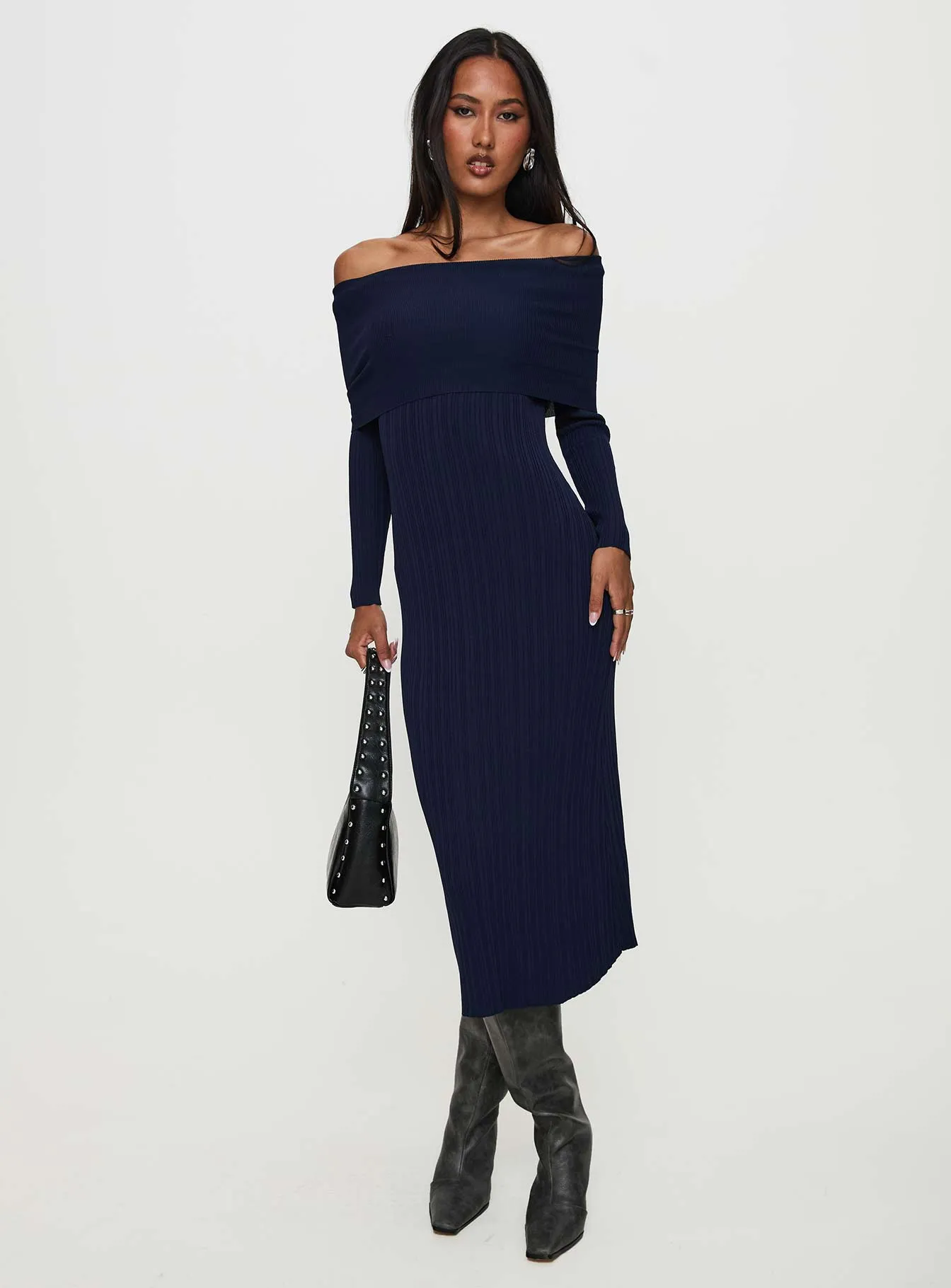 Flisse Long Sleeve Rib Maxi Dress Navy