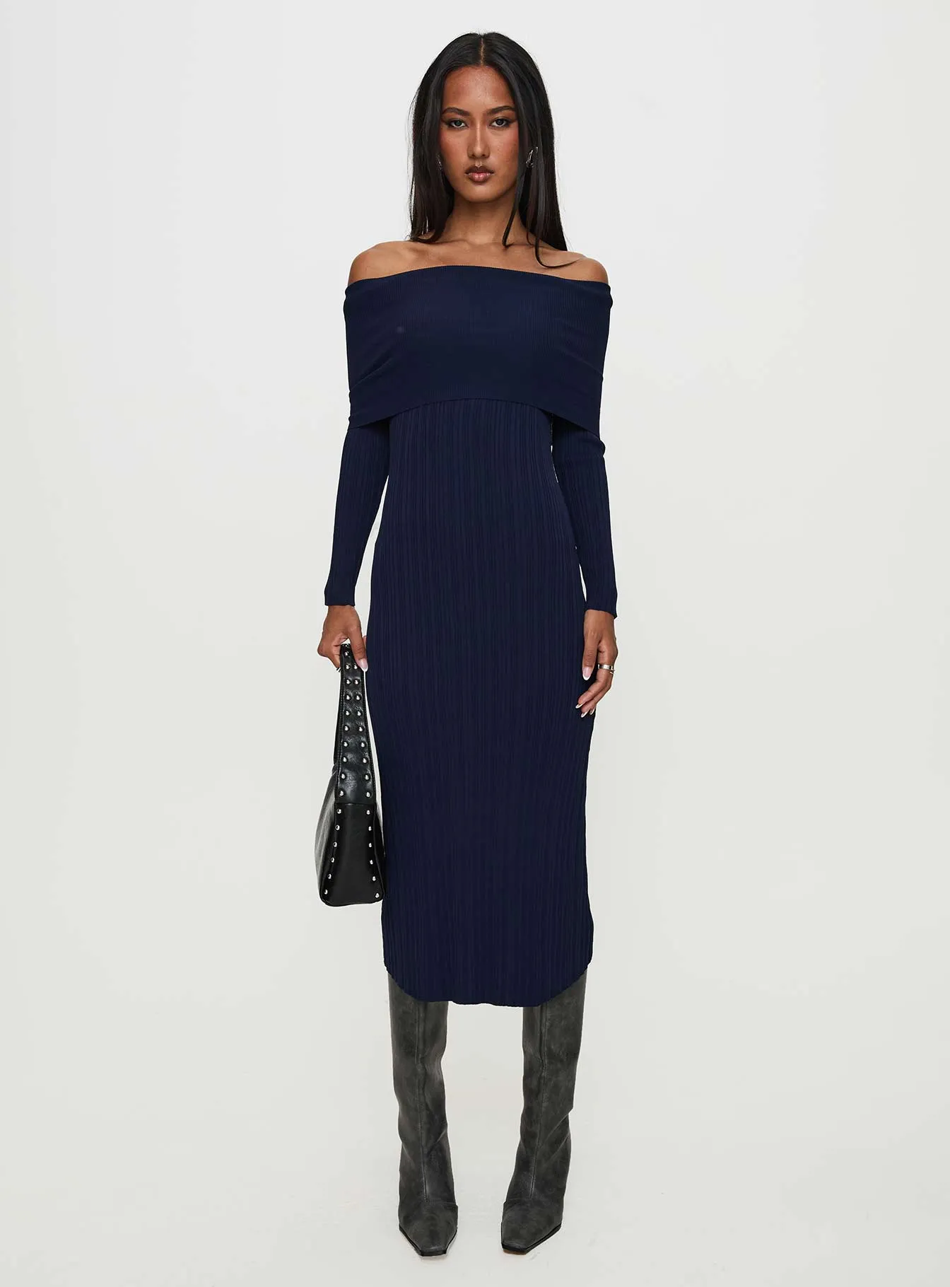 Flisse Long Sleeve Rib Maxi Dress Navy