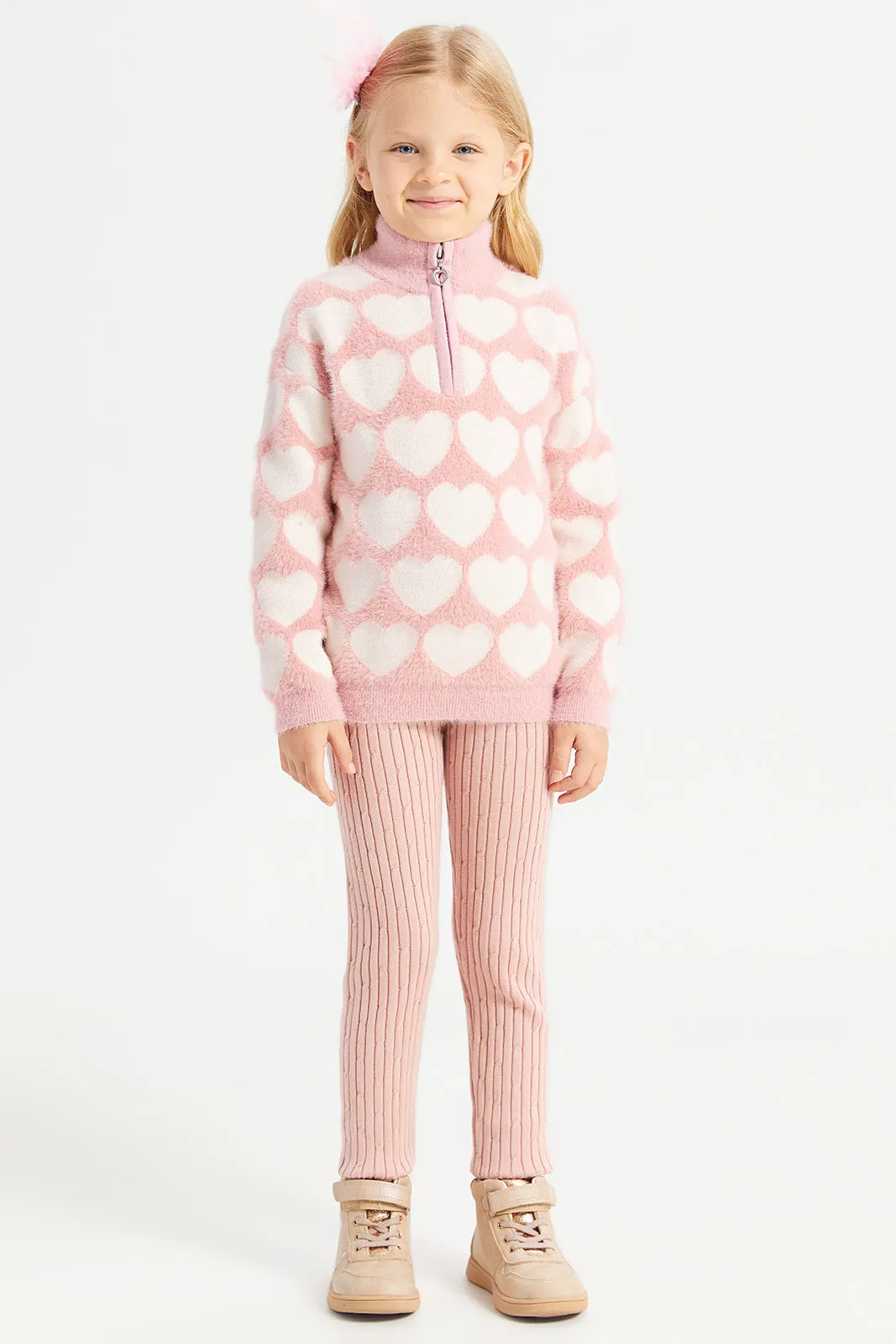 Girls Pink High Neck Heart Print Pullover