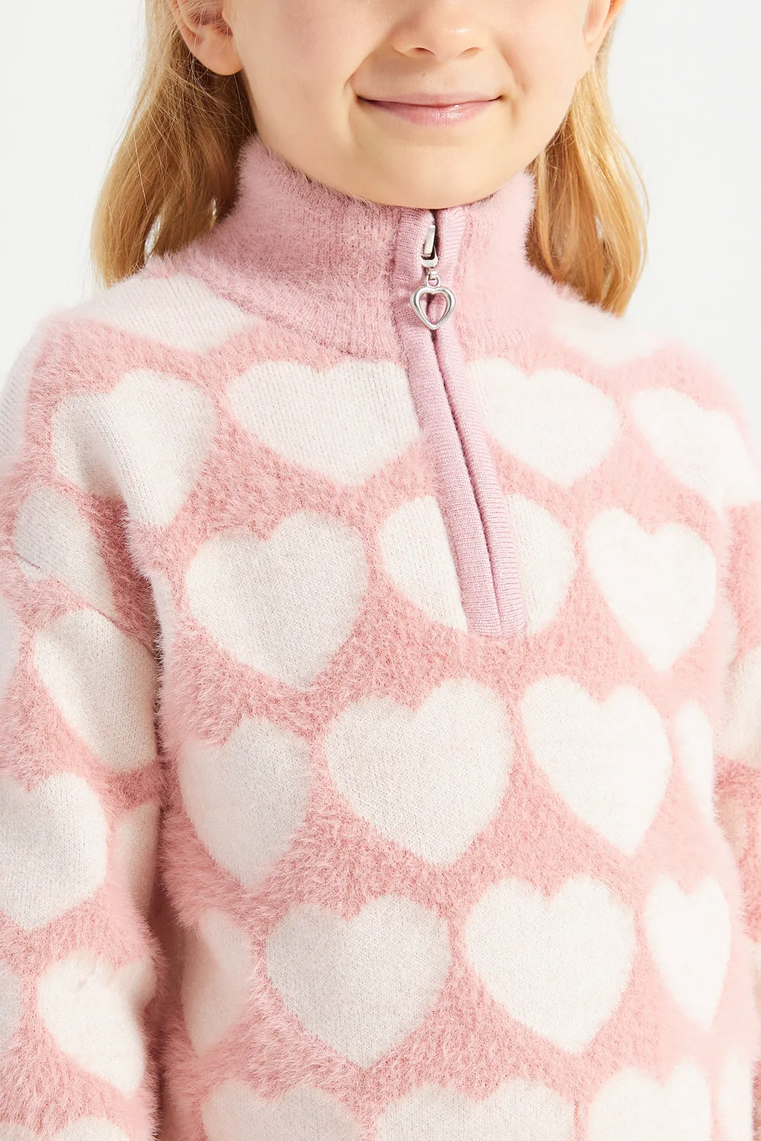 Girls Pink High Neck Heart Print Pullover