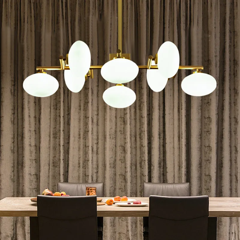 Gold Branched Dinette Chandelier: Light Cream Ovale Glass Suspension Lamp, 8-Bulb Postmodernist Design